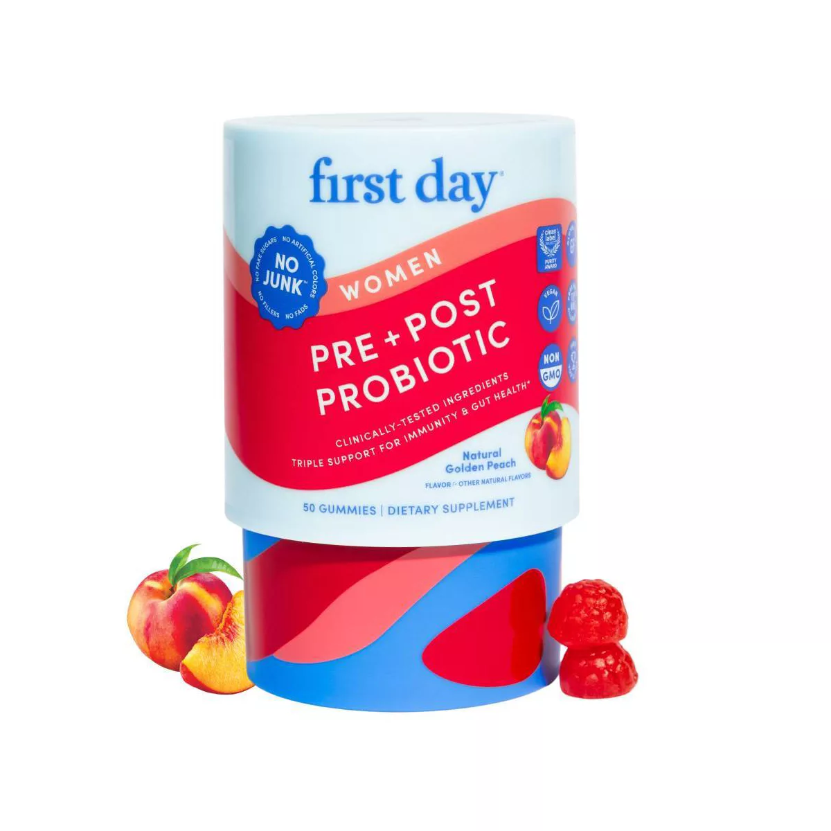 First Day Women's Pre + Post Probiotic Gummies for Immunity and Gut Health - Natural Golden Peach - 50ct