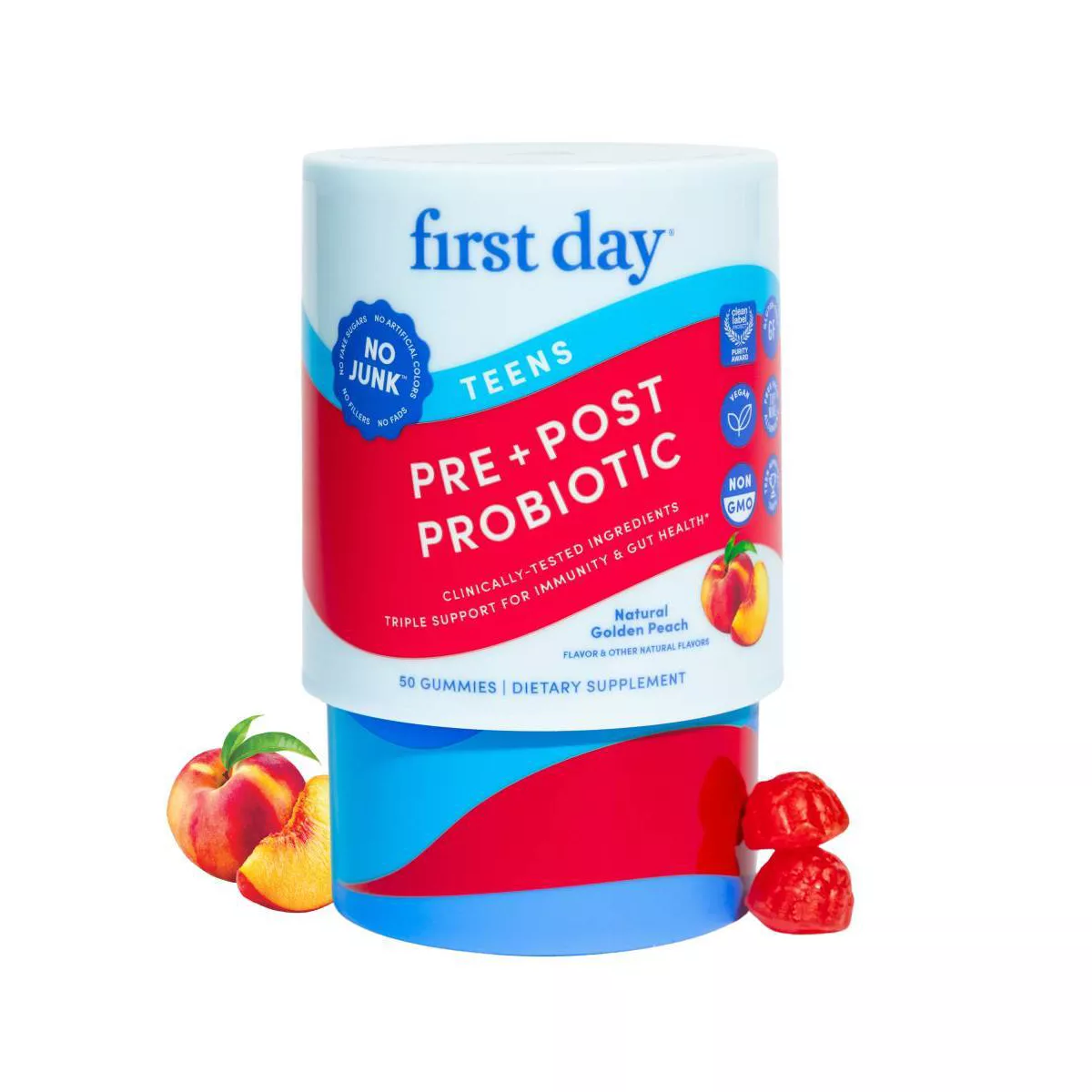 First Day Teens' Pre + Post Probiotic Gummies for Immunity and Gut Health - Natural Golden Peach - 50ct